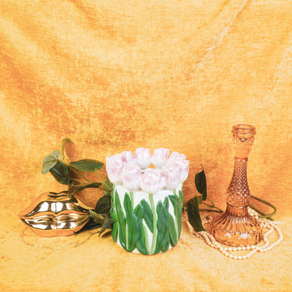 Vaas- Bloemen Vaas met Tulpen - Aardewerk - Licht Roze/Groen- 15x15x14cm