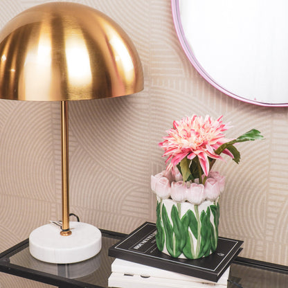 Vaas- Bloemen Vaas met Tulpen - Aardewerk - Licht Roze/Groen- 15x15x14cm