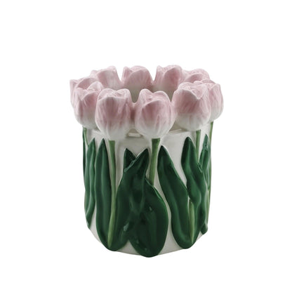 Vaas- Bloemen Vaas met Tulpen - Aardewerk - Licht Roze/Groen- 15x15x14cm