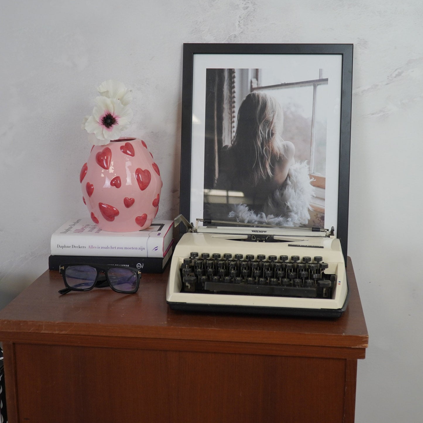 Vaas - Bloemenvaas Hartjes - Dolomiet - Roze Licht/Rood - 16x16x17,5cm