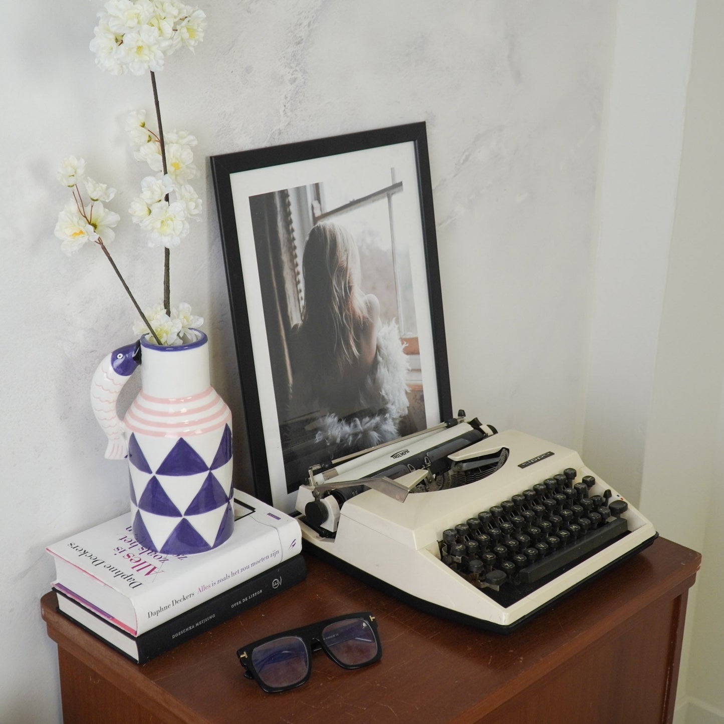 Vaas - Bloemenvaas Vissen- Dolomiet - Blauw/Wit/Roze - 14x11,5x18,5cm