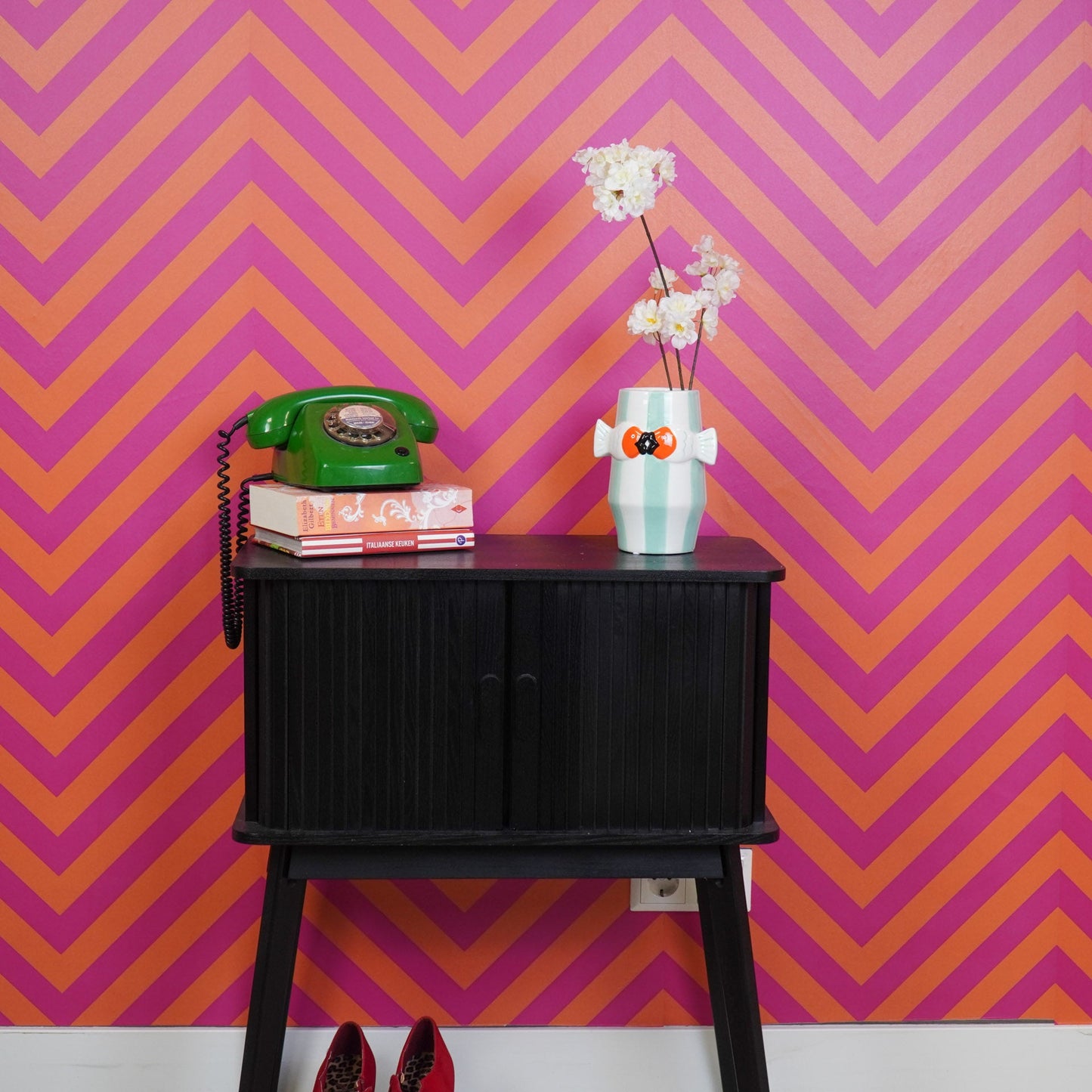 Vaas - Bloemenvaas Vissen- Dolomiet - Mintgroen/Wit/Oranje - 14x11,5x18,5cm